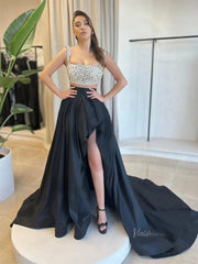 Black Two-Piece Satin Prom Dresses with Slit & Rhinestones Bodice - FD5264