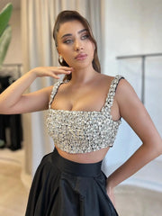 Black Two-Piece Satin Prom Dresses with Slit & Rhinestones Bodice - FD5264