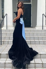 Black Velvet Mermaid Prom Dresses 2025 with Bow & Spaghetti Strap – FD5087