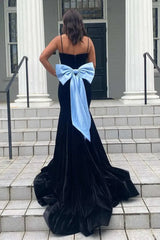 Black Velvet Mermaid Prom Dresses 2025 with Bow & Spaghetti Strap – FD5087