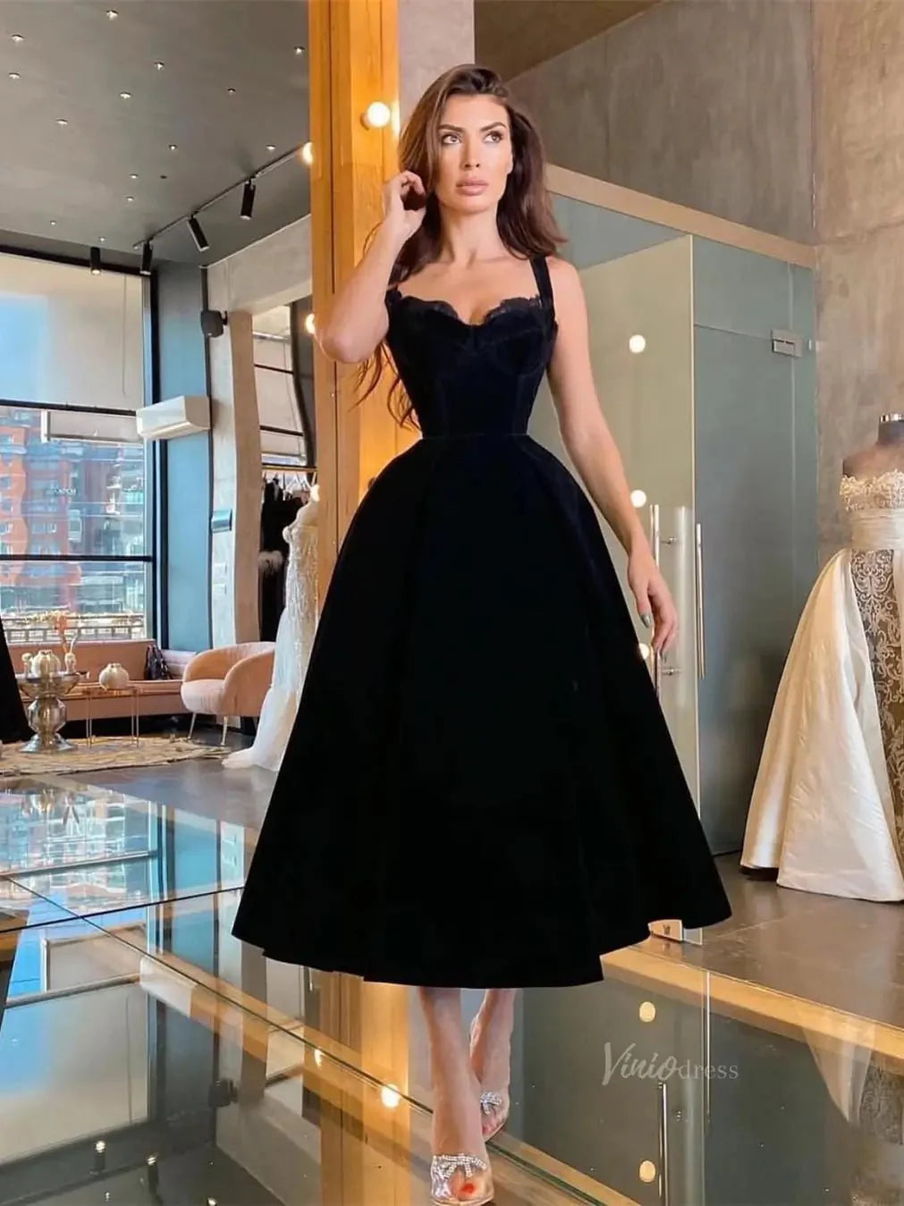 Black Velvet Prom Dresses with Wide Strap & Lace Neckline - FD5275