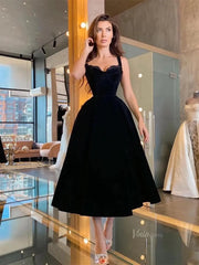 Black Velvet Prom Dresses with Wide Strap & Lace Neckline - FD5275