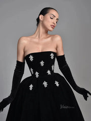 Black Velvet Short Prom Dresses with Rhinestones - Strapless Homecoming Dress - FD5276