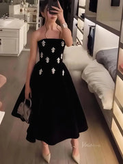 Black Velvet Short Prom Dresses with Rhinestones - Strapless Homecoming Dress - FD5276