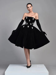 Black Velvet Short Prom Dresses with Rhinestones - Strapless Homecoming Dress - FD5276
