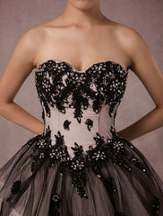 Black Wedding Dress Lace Tulle Chapel Train Bridal Gown Strapless Sweetheart A-Line Luxury Princess Pageant Dress