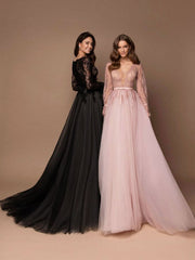 Black Wedding Dress A-Line V-Neck Long Sleeves Tulle Lace Bridal Gowns