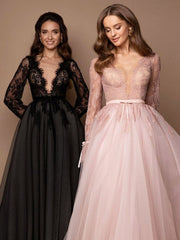Black Wedding Dress A-Line V-Neck Long Sleeves Tulle Lace Bridal Gowns