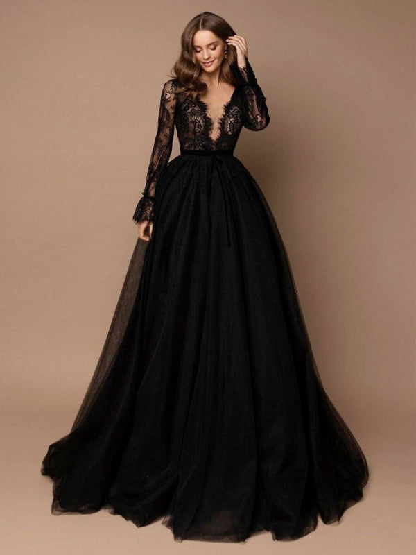 Black Wedding Dress A-Line V-Neck Long Sleeves Tulle Lace Bridal Gowns