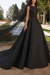 Ivory Wedding Dresses A Line With Chapel Train Sleeveless Lace High Collar Bridal Gowns