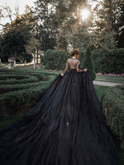 Black Wedding Dresses Tulle A-Line V-Neck Long Sleeves Backless Lace Bridal Gown