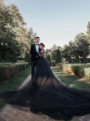 Black Wedding Dresses Tulle A-Line V-Neck Long Sleeves Backless Lace Bridal Gown