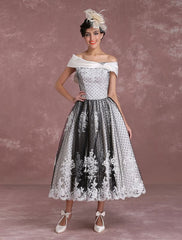 Black Wedding Dresses Vintage Short Bridal Gown Lace Off The Shoulder Polka Dot Print Bridal Dress With Bow At Back Exclusive