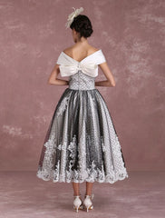 Black Wedding Dresses Vintage Short Bridal Gown Lace Off The Shoulder Polka Dot Print Bridal Dress With Bow At Back Exclusive