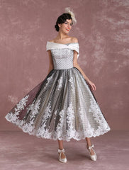 Black Wedding Dresses Vintage Short Bridal Gown Lace Off The Shoulder Polka Dot Print Bridal Dress With Bow At Back Exclusive