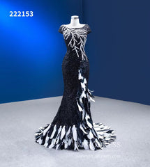 Black & White Evening Dresses Beaded Pageant Dress Cap Sleeve 222153