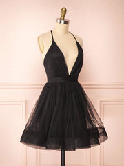 Simple v neck black short prom dress black homecoming dress