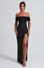 A-Line Off-the-Shoulder 3D floral appliques Thigh high split Front fork Formal Prom Dress