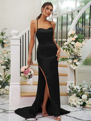 Sheath/Column Elastic Woven Satin Ruched Square Sleeveless Sweep/Brush Train Bridesmaid Dresses