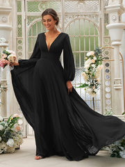 A-Line/Princess Chiffon Ruffles V-neck Long Sleeves Sweep/Brush Train Bridesmaid Dresses A-Line/Princess Chiffon Ruffles V-neck Long Sleeves Sweep/Brush Train Bridesmaid Dresses