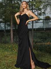 Sheath/Column Silk like Satin Ruched Sweetheart Sleeveless Sweep/Brush Train Bridesmaid Dresses