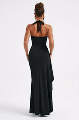 Sexy Plume Neck Halter Ruffle Detail Front Slit Formal Prom Dress