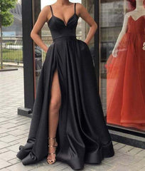 Custom Made A Line Champagne/ Royal Blue/ Burgundy/ Black Spaghetti Straps Prom Dress with High Slit, Ball Dresses, Formal Graduation Dresses