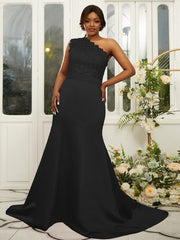 Sheath/Column Satin Lace One-Shoulder Sleeveless Sweep/Brush Train Bridesmaid Dresses