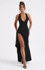 Sexy Plume Neck Halter Ruffle Detail Front Slit Formal Prom Dress