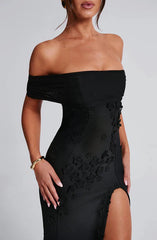 A-Line Off-the-Shoulder 3D floral appliques Thigh high split Front fork Formal Prom Dress