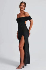 A-Line Off-the-Shoulder 3D floral appliques Thigh high split Front fork Formal Prom Dress