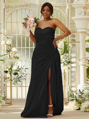 Sheath/Column Silk like Satin Ruched Sweetheart Sleeveless Sweep/Brush Train Bridesmaid Dresses
