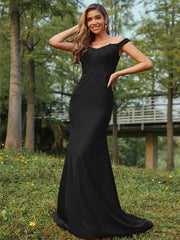 Sheath/Column Jersey Applique Off-the-Shoulder Sleeveless Sweep/Brush Train Bridesmaid Dresses