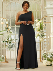 Sheath/Column Jersey Ruffles One-Shoulder Sleeveless Sweep/Brush Train Bridesmaid Dresses