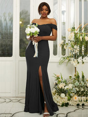 Sheath/Column Jersey Ruffles Off-the-Shoulder Sleeveless Sweep/Brush Train Bridesmaid Dresses