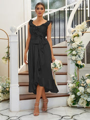 A-Line/Princess Silk like Satin Ruffles V-neck Sleeveless Tea-Length Bridesmaid Dresses