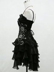 A Line Black Ruffle Short Prom Dress Homecoming Dresses