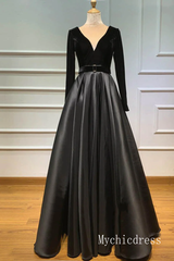 Burgundy Long Sleeves Prom Dresses 2024 with Pocket V Neck Evening Dresses