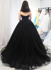 A Line Tulle 2024 Black Prom Dresses UK Sweetheart Strapless Long Evening Gown