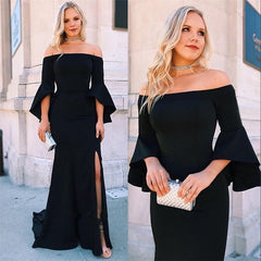 Sheath Off-the-shoulder Black Prom Dresses Bell-Sleeves