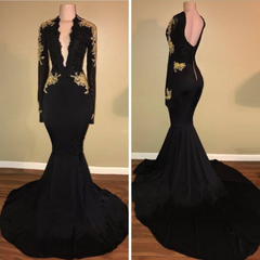 Sexy Deep V-Neck Long Sleeves Black Gold Prom Dresses