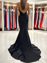 Simple Cheap Black Evening Dresses Mermaid V Neck Satin Prom Dress