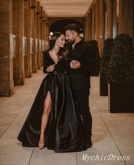 Burgundy Long Sleeves Prom Dresses 2024 with Pocket V Neck Evening Dresses