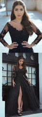 Sexy A Line Black Lace Long-Sleeved Slit Prom Evening Dresses