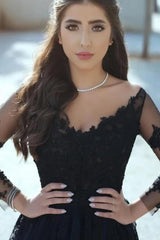 Sexy A Line Black Lace Long-Sleeved Slit Prom Evening Dresses