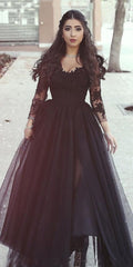 Sexy A Line Black Lace Long-Sleeved Slit Prom Evening Dresses