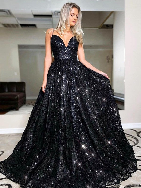 2024 A Line Black Sequin Prom Dresses V Neck Spaghetti Straps Lace Up