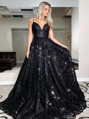 2024 A Line Black Sequin Prom Dresses V Neck Spaghetti Straps Lace Up