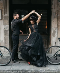 A Line Lace Tulle  Sleeveless Black Gothic Wedding Dresses