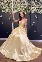 Yellow Satin Long Prom Dresses, A-Line Backless Evening Dresses